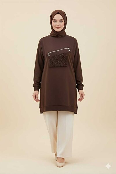 Puane Women's Pocket Cover Stone Embroidered Zipper Detailed Tunic 10768