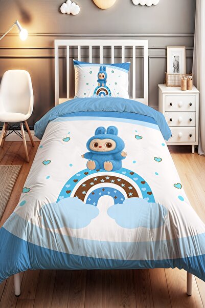 EVPANYA Heart-Shaped Blue Pofi Patterned Single Baby Kids Duvet Cover Set