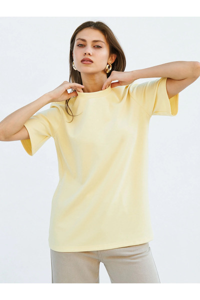Caddebostan Moda Yellow Crew Neck Oversize T-Shirt Modern Premium Luxury Tren...