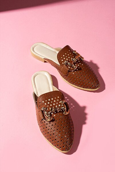 modayaselam Laser Cut Leather Slippers with Gold Accessories