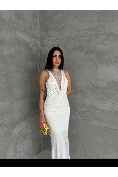 MERİKA ELEGANCE Dantel Detaylı Drape Kesim Yırtmaçlı Uzun Abiye Elbise