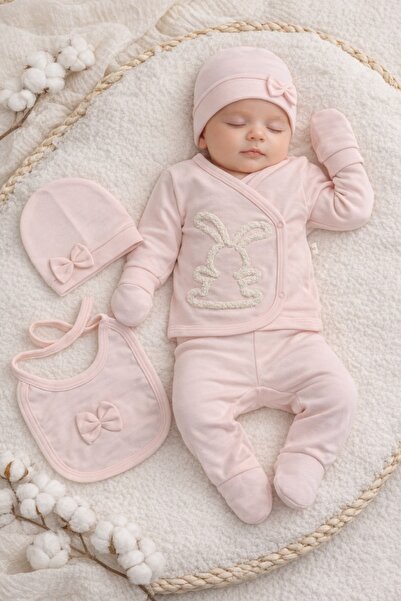 Pure Boutique Set nou nascut fetita 5 piese roz iepuras bumbac premium 0-3 lu...