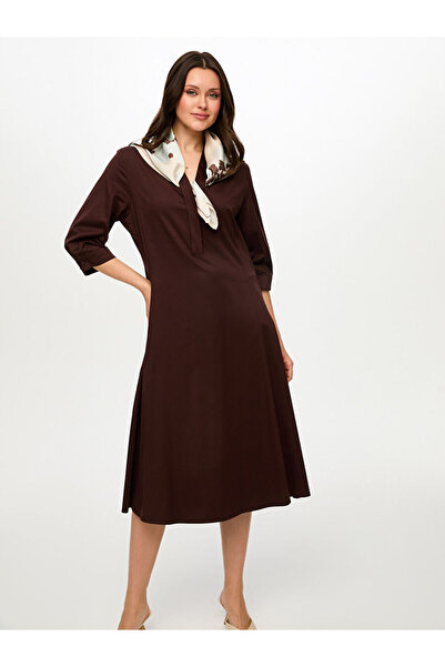 Faik Sönmez Fular Aksesuarlı 3/4 Kol Pamuk Poplin Elbise S26ELB029