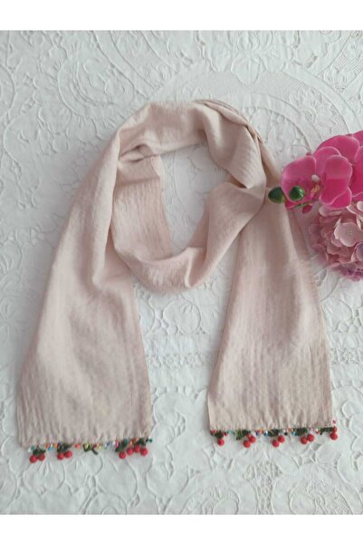 Bircan Hediyelik Cream Colored Scarf with Cherry and Beaded Tig Design