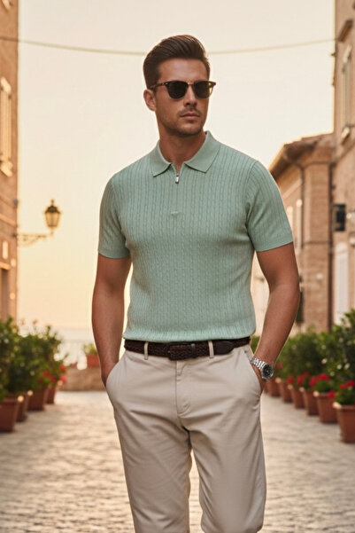 Maccali Чоловіча модна смугаста зелена футболка з поло-коміром