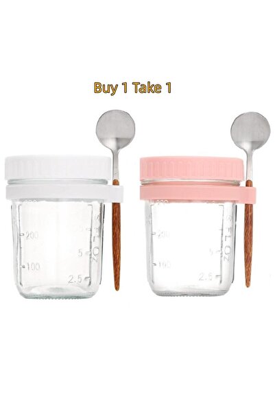 Choice10 2PCS white pink 1/2Pcs 350ml Reusable Glass Overnight Oats Jar with ...