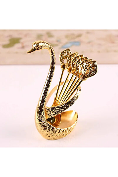 Choice طقم ملاعق قهوة ذهبية، حامل معدني على شكل بجعة، منظم ملاعق حلوى مع 6 مل...