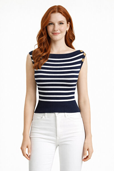 Neden Tekstil Marin Style Striped Boat Neck Knitwear Sweater Blouse