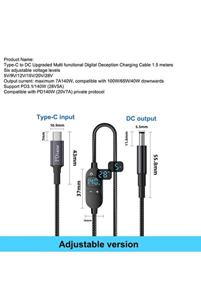 Choice5 A1 USB-C to DC 140W Power Boost Cord Adjustable Voltage for Laptop an...