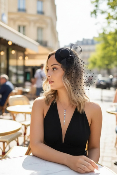 shop Pălărie neagră din voal cu detalii, de dimensiuni mici - Accesoriu de pă...