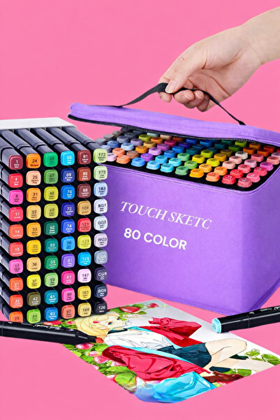TOUCH SKETC 80 li çift tarafli marker kalem seti alkol bazli pembe canta standli