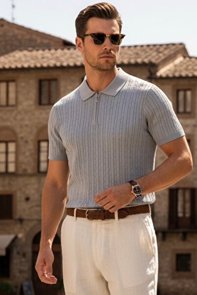 Maccali Чоловіча модна смугаста сіра футболка з поло-коміром