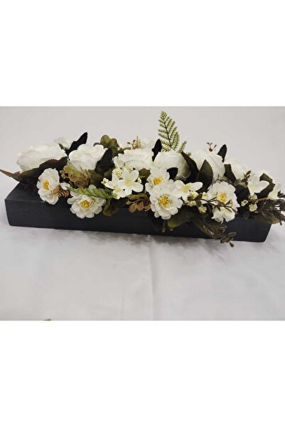 SAKLI ATÖLYEM Dekoratif Beyaz Yapay Çiçek Aranjmanı – Siyah Dikdörtgen Ahşap ...