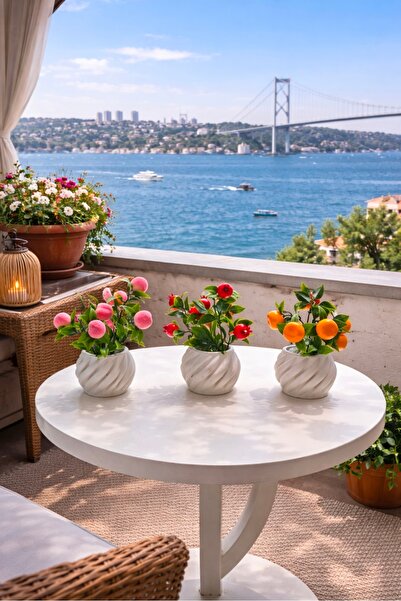 Çiçek 3 lü yapay meyve şöleni ve dalgalı saksı