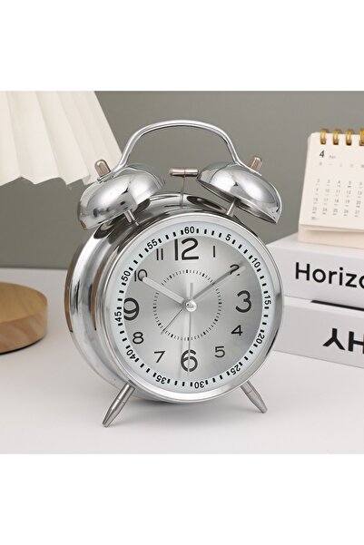 Choice ساعة منبه فضية اللون بجرسين، إطار معدني، تعمل بالبطارية، صوت عالٍ، منا...