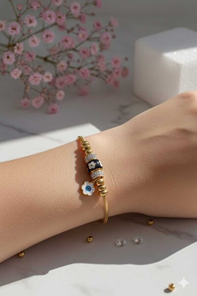 LÜMEN BUJİTERİ Gold Steel Zircon Stone Women's Charm Bracelet