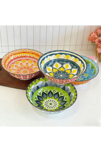 choice2 طقم أوعية شوربة سيراميك بوهيمي مكون من 4 أوعية بألوان متنوعة، ربع قطع...