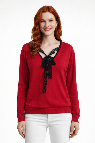 Neden Tekstil Lace Collar Detailed Bow Decorated Knitwear Sweater