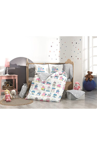 FIONNA.RO 100% Cotton Poplin Baby Duvet Cover Set - Little Houses Grey