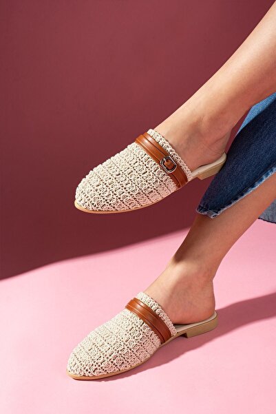 modayaselam Armor Knitted Knitwear Tan Belt Detailed Slippers