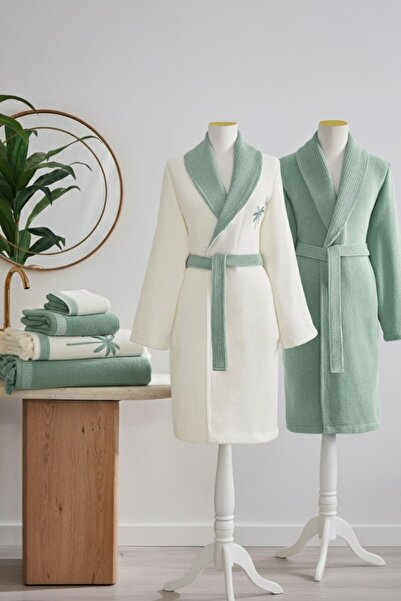 Özdilek Palma Family Bathrobe Set - Cream Green