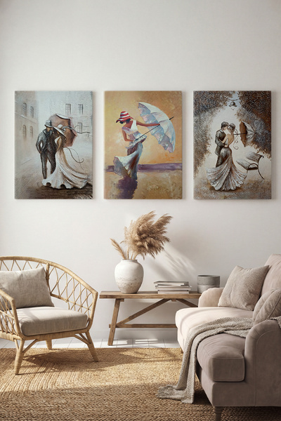 ART NEST DEKOR YAĞLI BOYA ŞEMSİYELİ AŞIKLAR DESENLİ 3'LÜ CANVAS TABLO