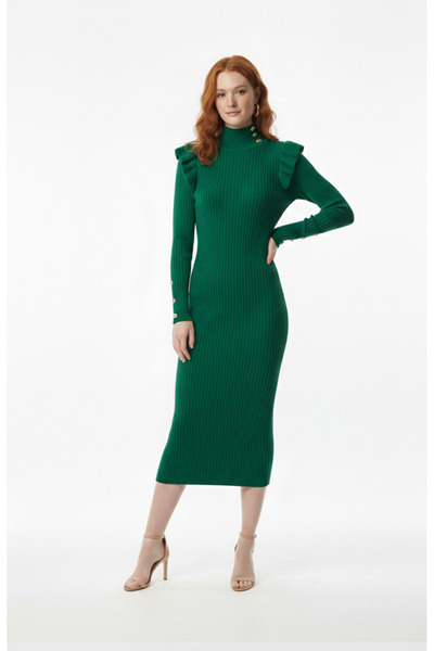 Neden Tekstil Slim Fit Knitwear Dress with Shoulder Ruffles and Button Detailing