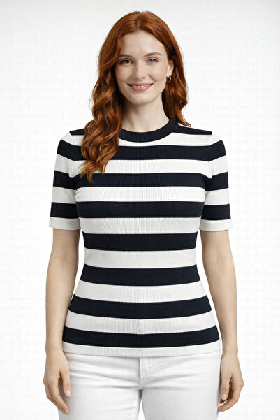 Neden Tekstil Half Turtleneck Short Sleeve Ribbed Knit Blouse