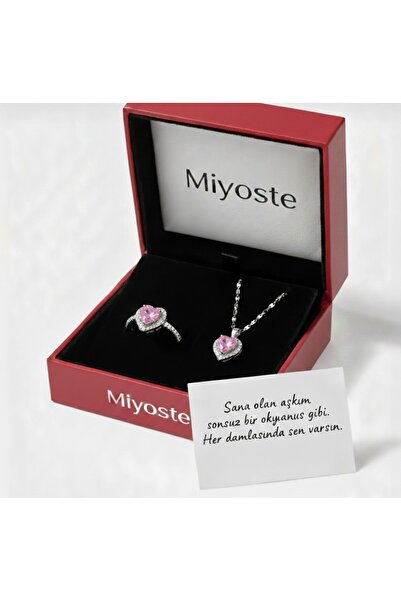 Miyoste Işıltılı Pembe Kalp Kolye Ve Pembe Ciddi İlişki Yüzüğü