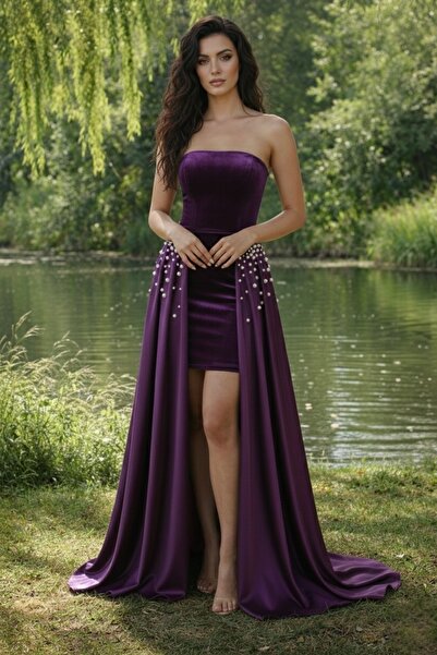 Milon Moda Strapless velvet, satin and stone evening dress