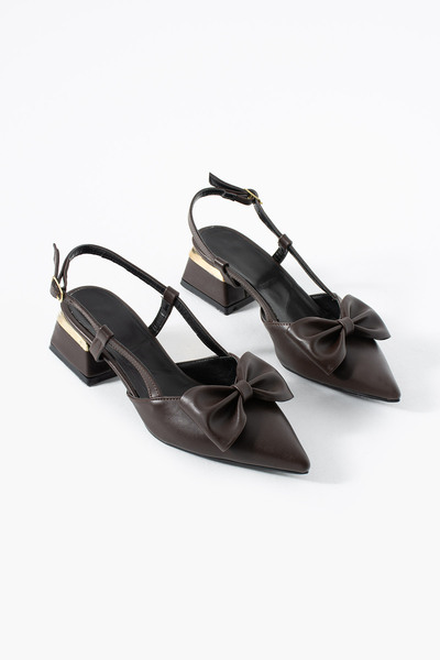 MUFUMA Women's Brown Bow Detailed Short Block Heeled Shoes