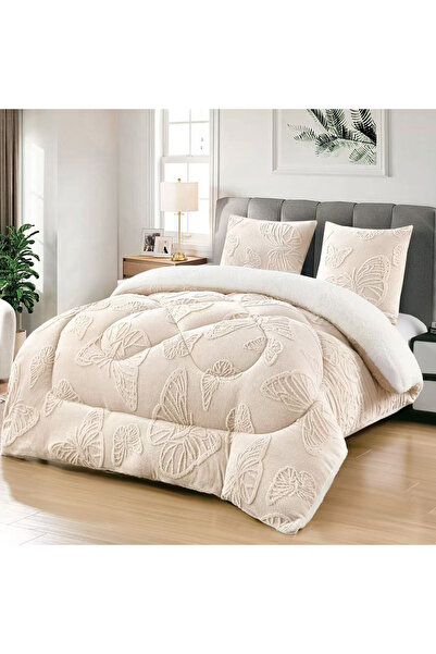 FIONNA.RO Cocolino Throw with White Fur and Butterflies - Cream