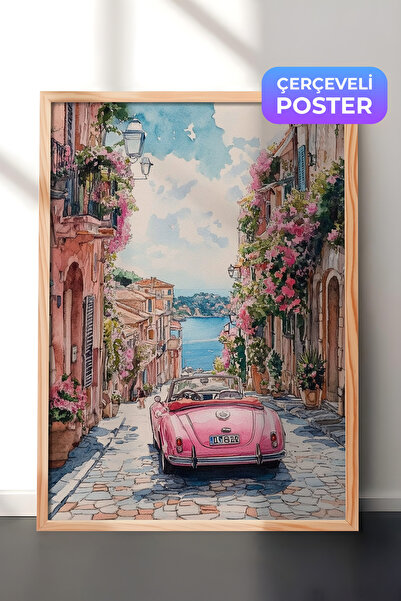 Zestia Drvena uokvirena zidna slika, roze klasični automobil u dekoru italija...