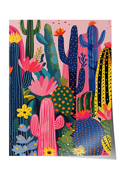 Zestia Poster premium, compoziție botanică vibrantă cu cactuși și flori color...