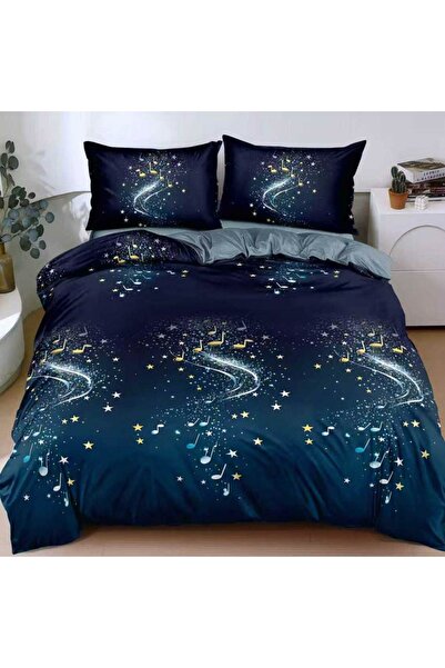 CumparaMisim Double bed linen with Stretchy, satin Cotton , Blue, stars, musi...