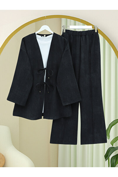 Modamorfo Linen Kimono Set with Tie-Front Pants - Black
