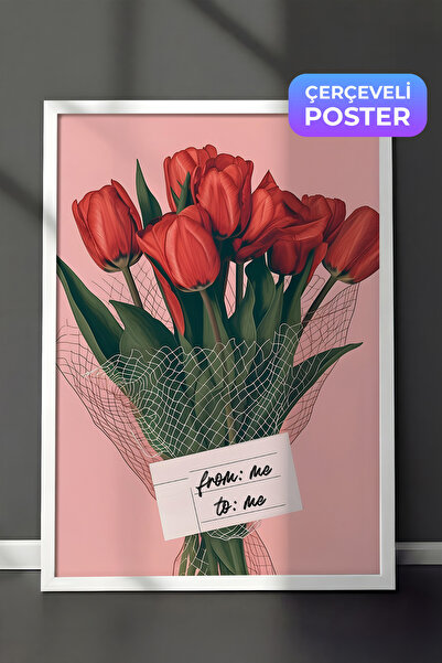 Zestia Bela uokvirena zidna slika Buket crvenih tulipana sa ružičastom pozadi...