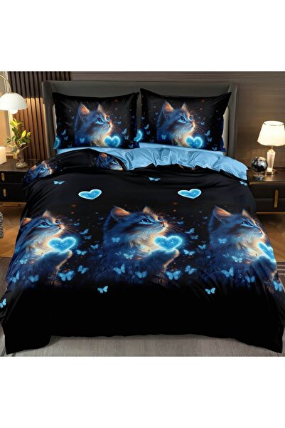 CumparaMisim Double bed linen with Stretchy, satin Cotton , Blue, Black, kitt...