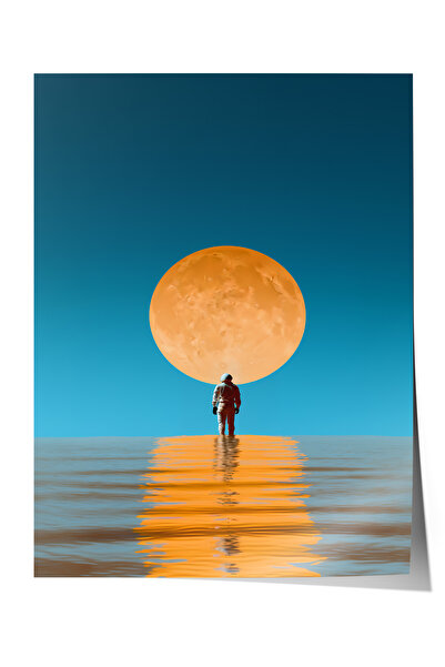Zestia Premium Poster Giant Moon and Human Silhouette in Front of the Sea Hor...