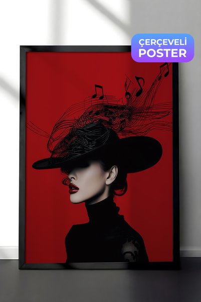 Zestia Crna uokvirena zidna slika, modni portret žene u crnom šeširu na crven...