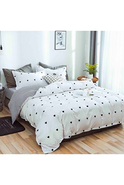 CumparaMisim Lenjerie pat dublu cu Elastic, bumbac satinat, Alb, Negru, inimi...