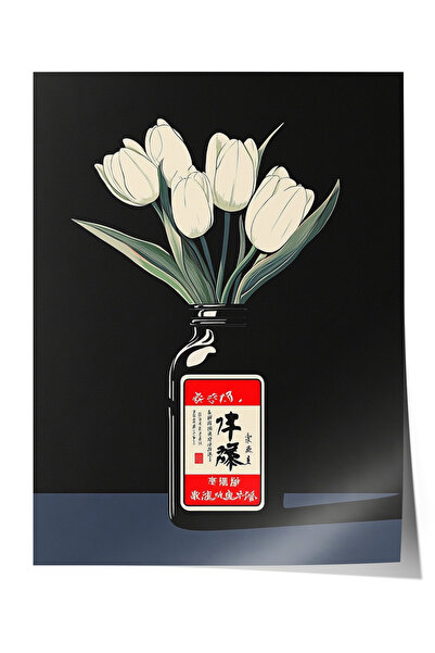 Zestia Poster premium cu lalele albe într-o vază pe fundal negru, decor pentr...