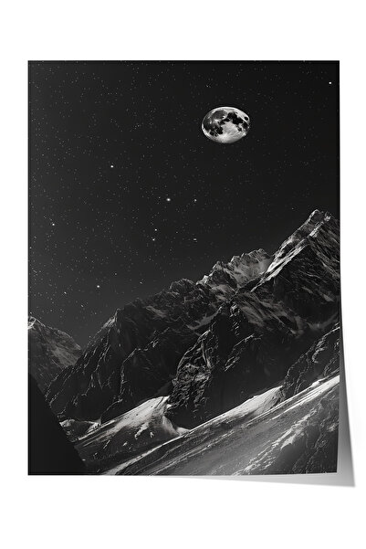 Zestia Poster premium Peisaj alb-negru cu vârf de munte sub lumina lunii Deco...