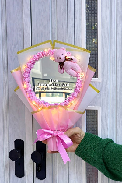 Empressco Led Işıklı Aynalı Ayıcıklı Pembe Gül Buketi, Şıklık ve Neşe Dolu He...