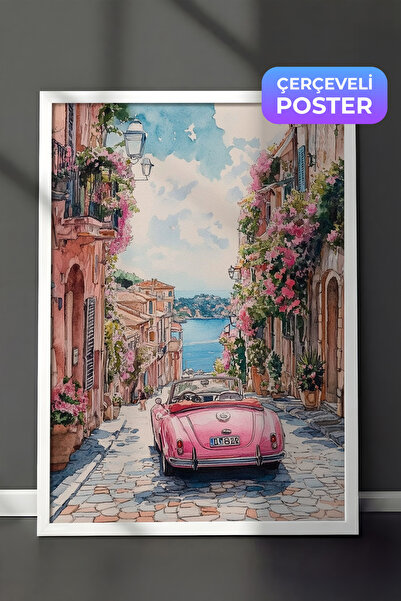 Zestia Bela uokvirena zidna slika, roze klasični automobil u italijanskom pri...