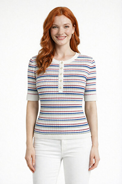 Neden Tekstil Colorful Striped Crew Neck Ribbed Knit Blouse