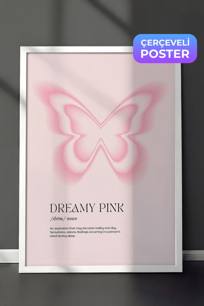 Zestia Beyaz Çerçeveli Duvar Tablosu Pembe Tonlarda Kelebek Figürü Dreamy Min...