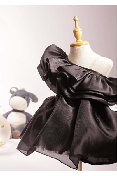 Generic One-shoulder dress with layered bodice and waist belt - black