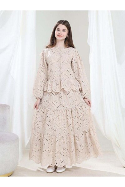 Giyinse Drope Kız Çocuk Etekli Takım Bej - Tesettür Takım