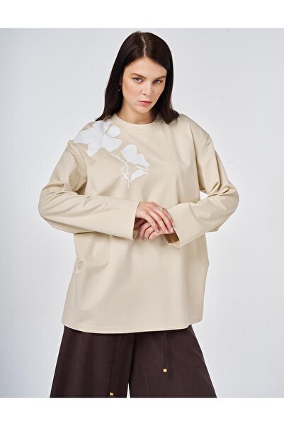 KYR Printed Detailed Knitted Sweatshirt Cream